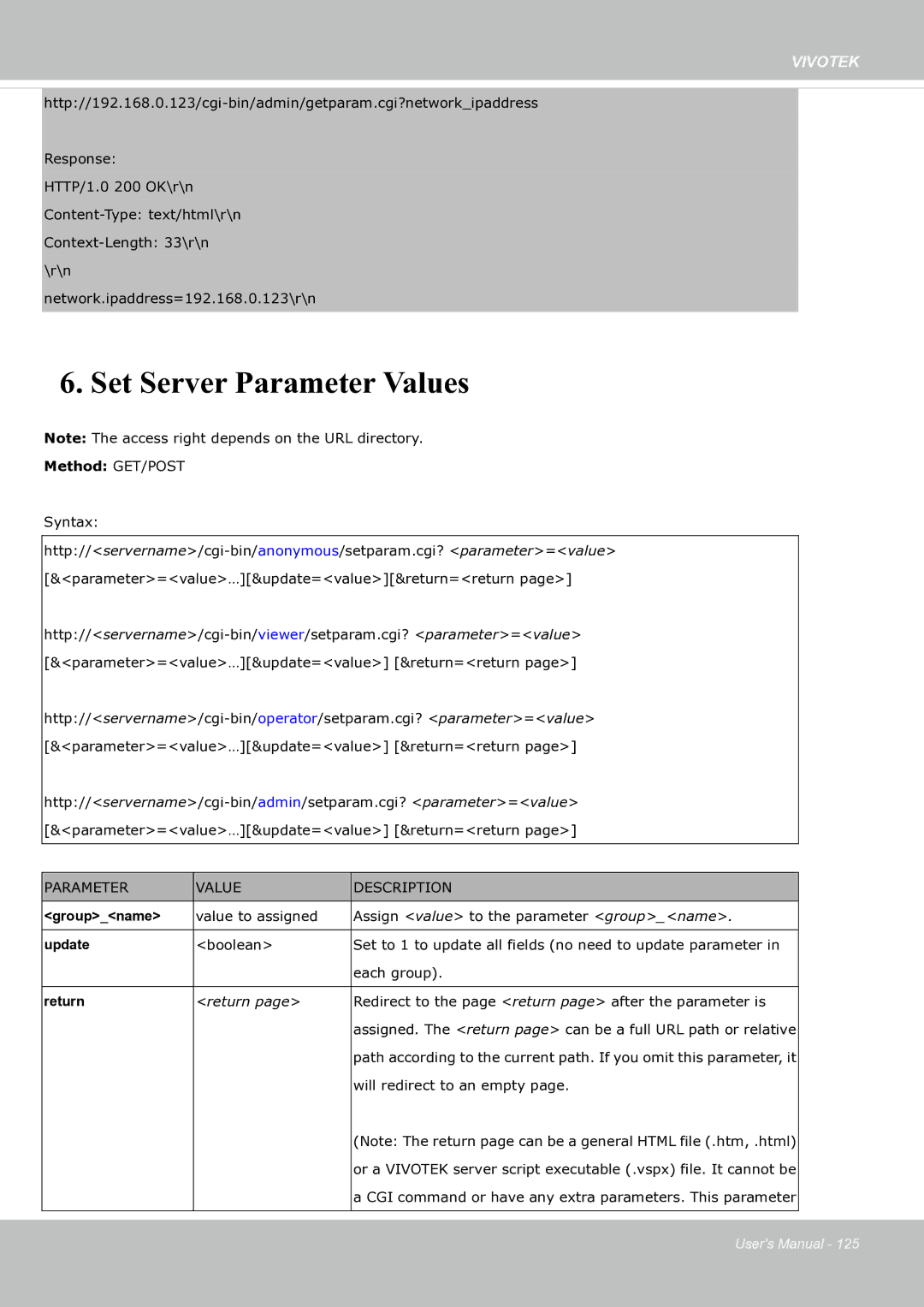 Vivotek fd8363 user manual Set Server Parameter Values 