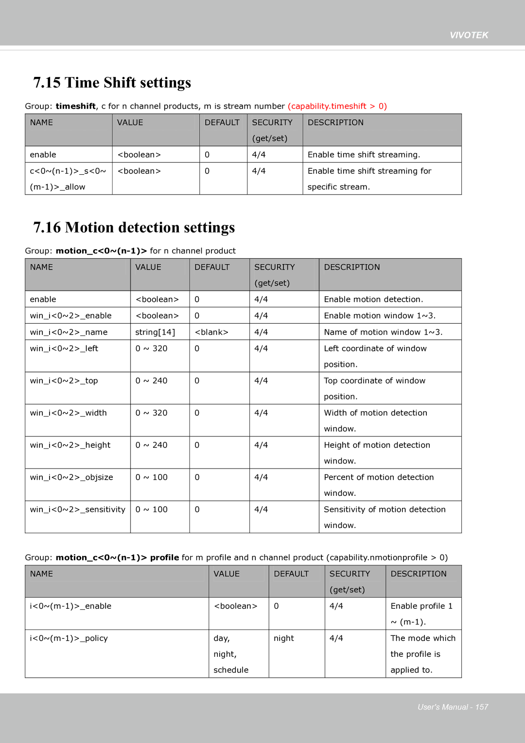 Vivotek fd8363 user manual Time Shift settings, Motion detection settings 