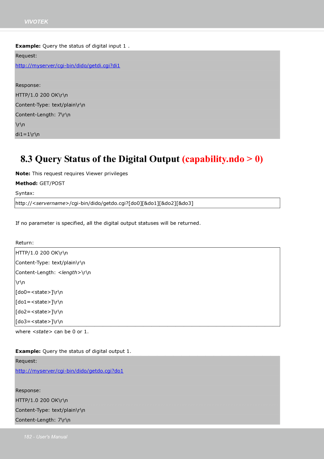 Vivotek fd8363 user manual Query Status of the Digital Output capability.ndo, Http//myserver/cgi-bin/dido/getdi.cgi?di1 