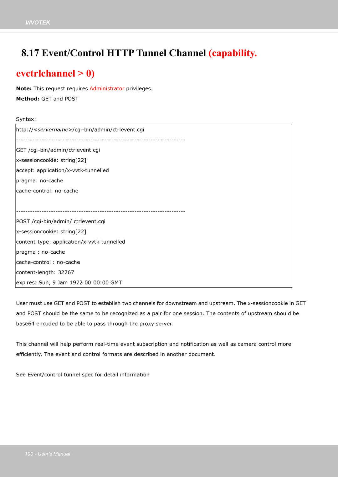 Vivotek fd8363 user manual Event/Control Http Tunnel Channel capability. evctrlchannel 