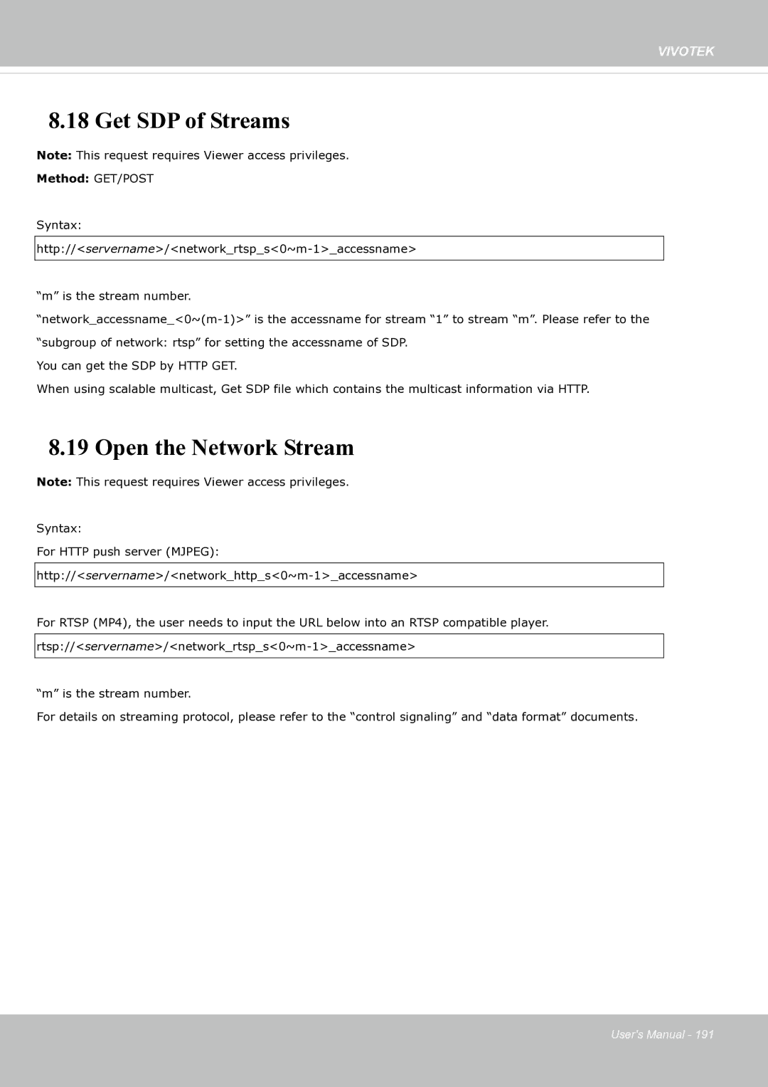 Vivotek fd8363 user manual Get SDP of Streams, Open the Network Stream 