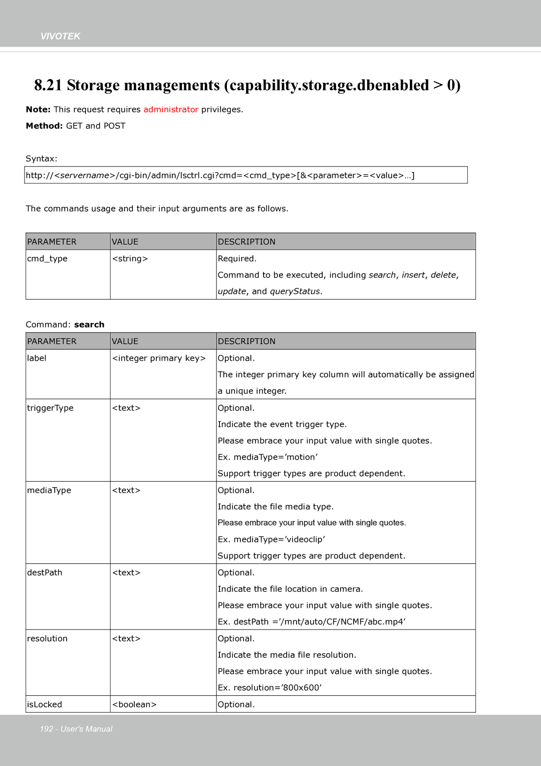 Vivotek fd8363 user manual Storage managements capability.storage.dbenabled, Update, and queryStatus 