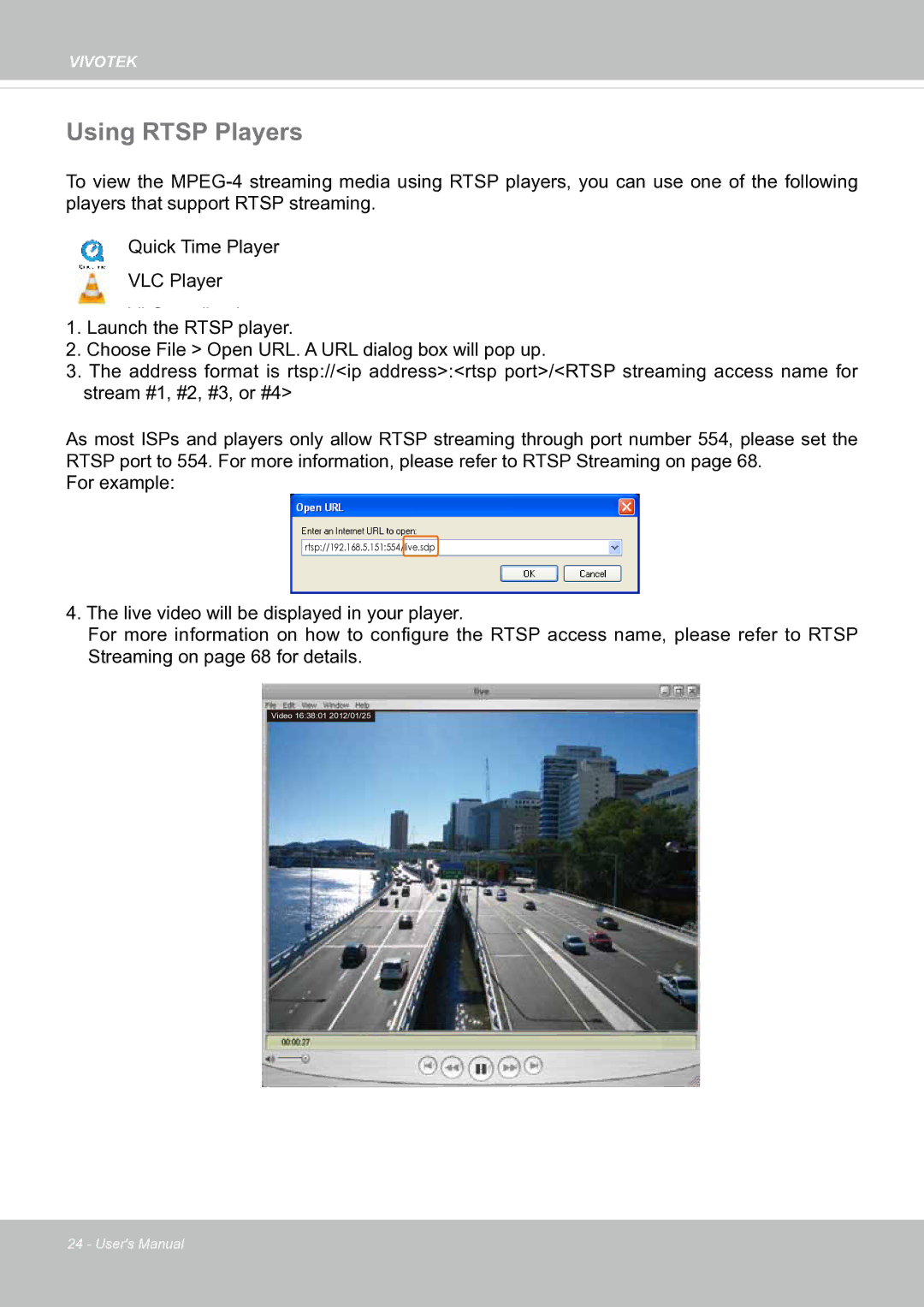 Vivotek fd8363 user manual Using Rtsp Players 