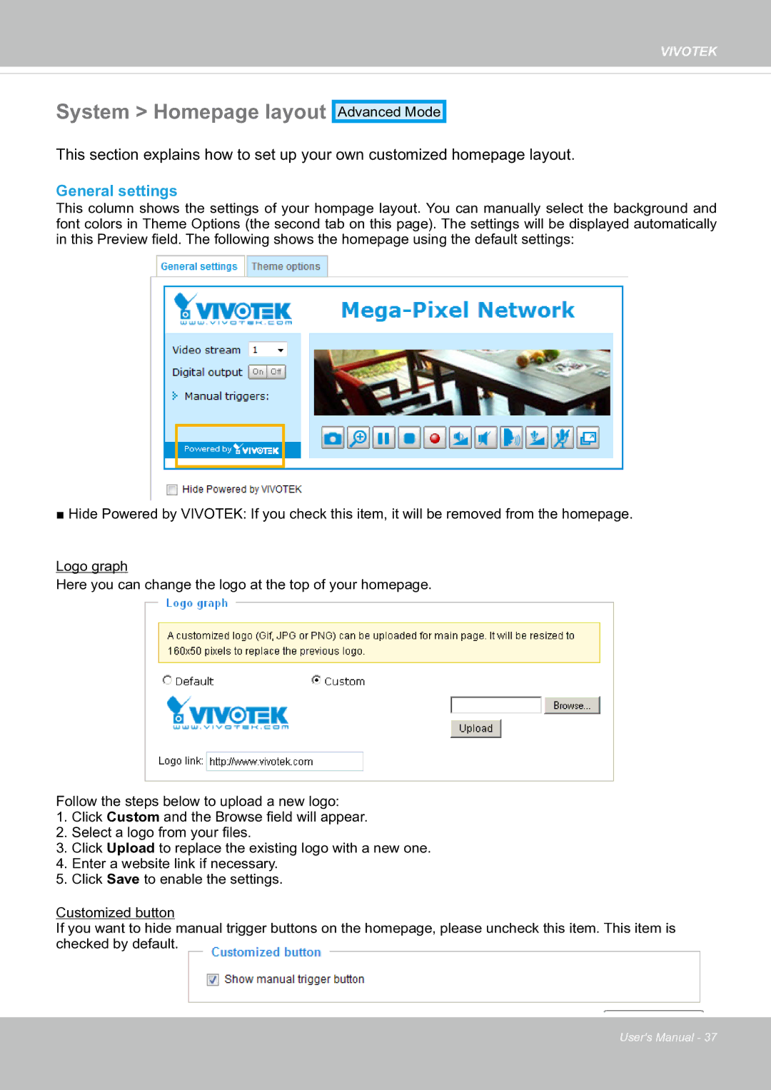 Vivotek fd8363 user manual System Homepage layout, General settings 