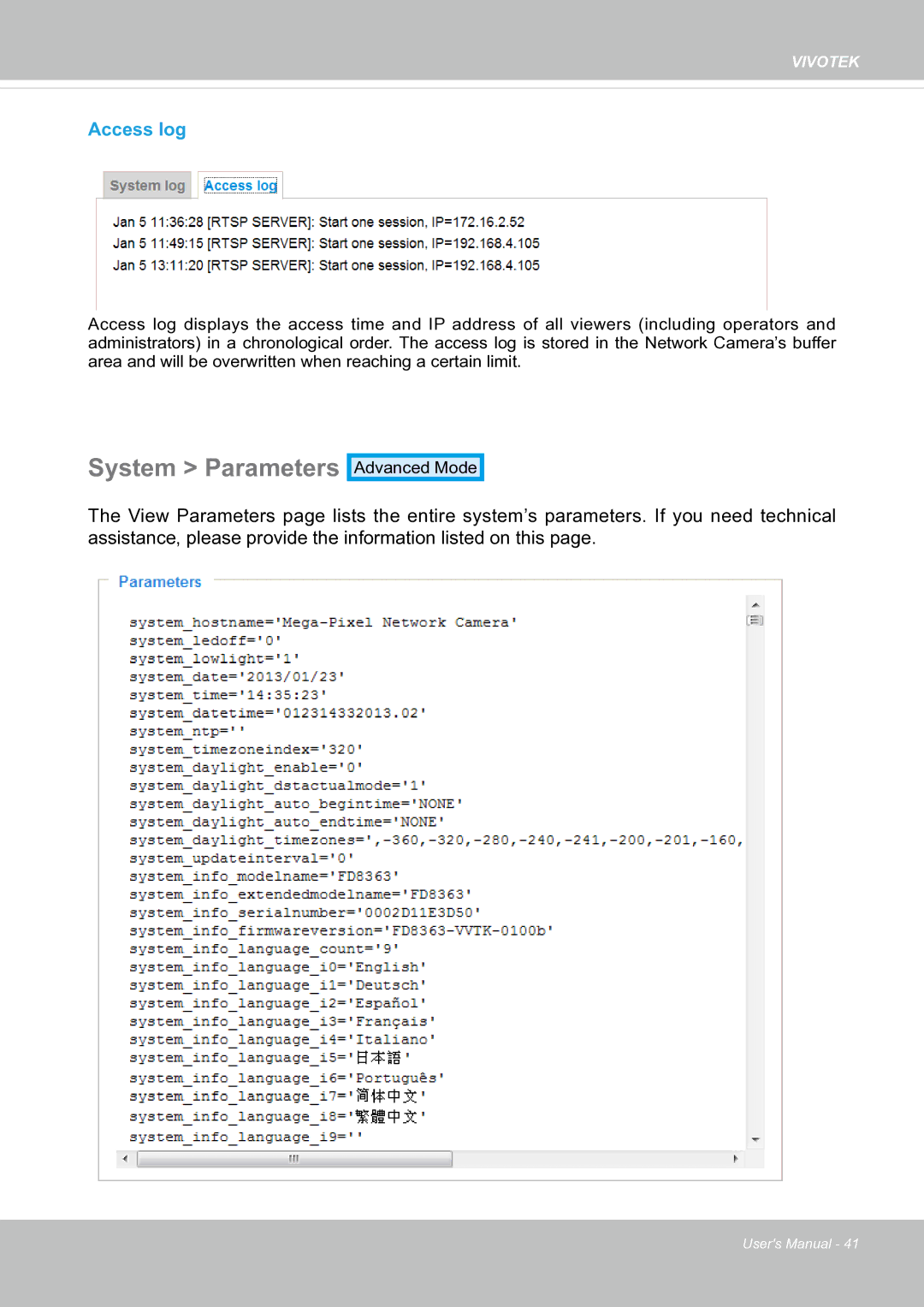 Vivotek fd8363 user manual System Parameters, Access log 