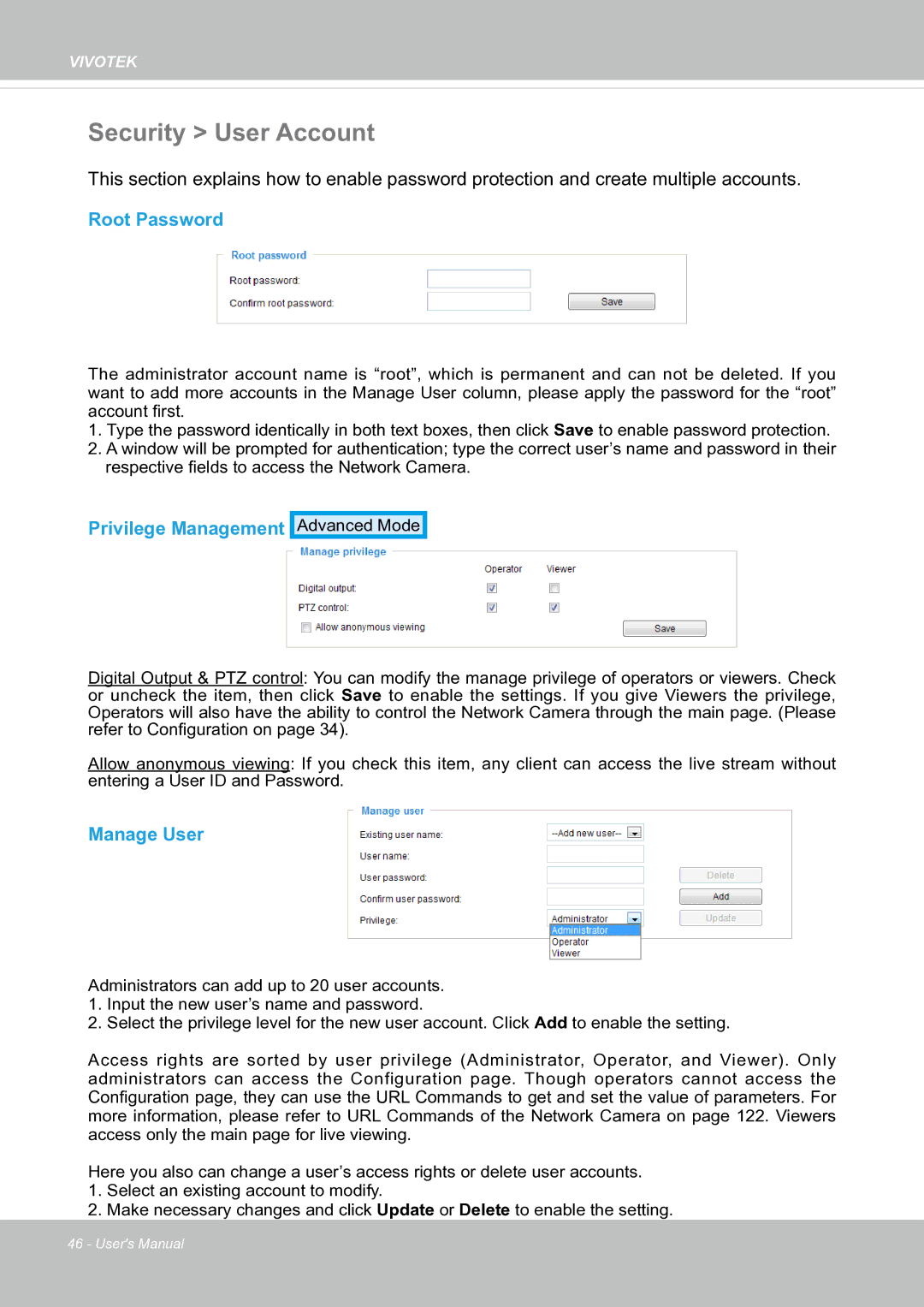 Vivotek fd8363 user manual Security User Account, Root Password, Privilege Management, Manage User 