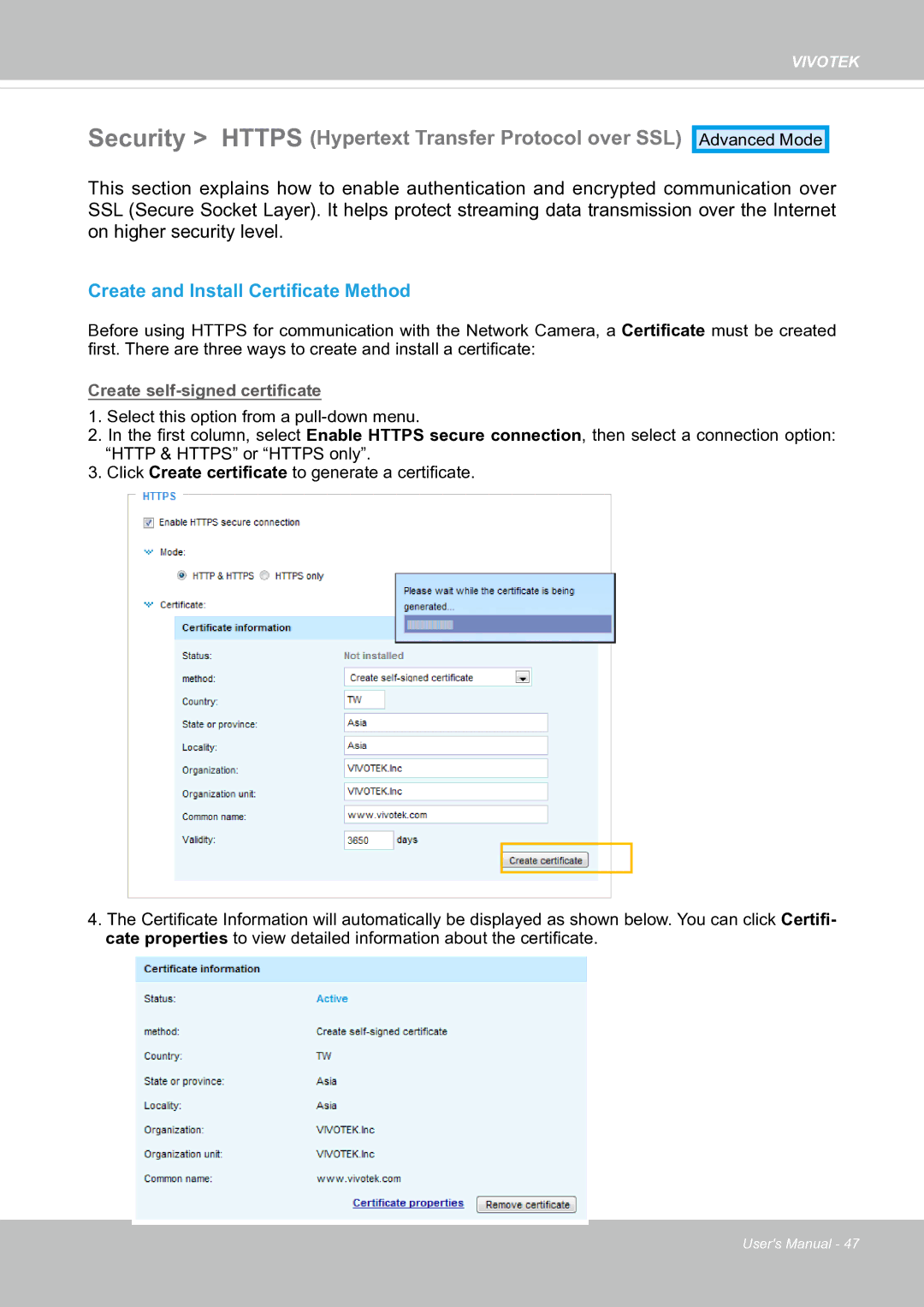 Vivotek fd8363 user manual Security Https Hypertext Transfer Protocol over SSL, Create and Install Certificate Method 