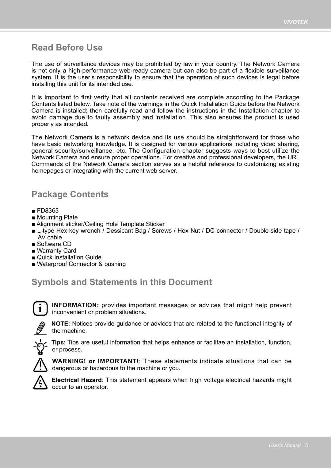 Vivotek fd8363 user manual Read Before Use, Package Contents, Symbols and Statements in this Document 