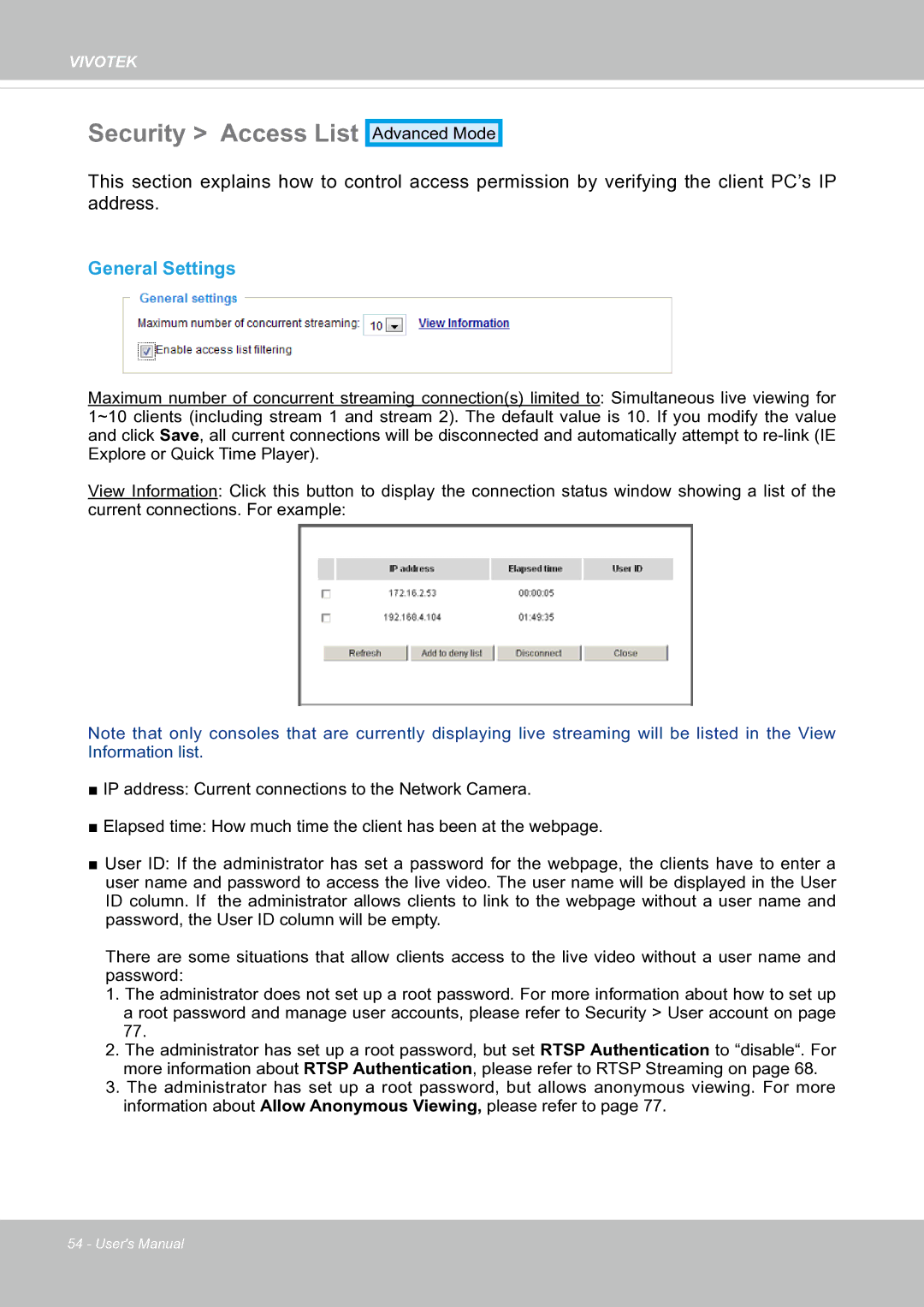 Vivotek fd8363 user manual Security Access List, General Settings 