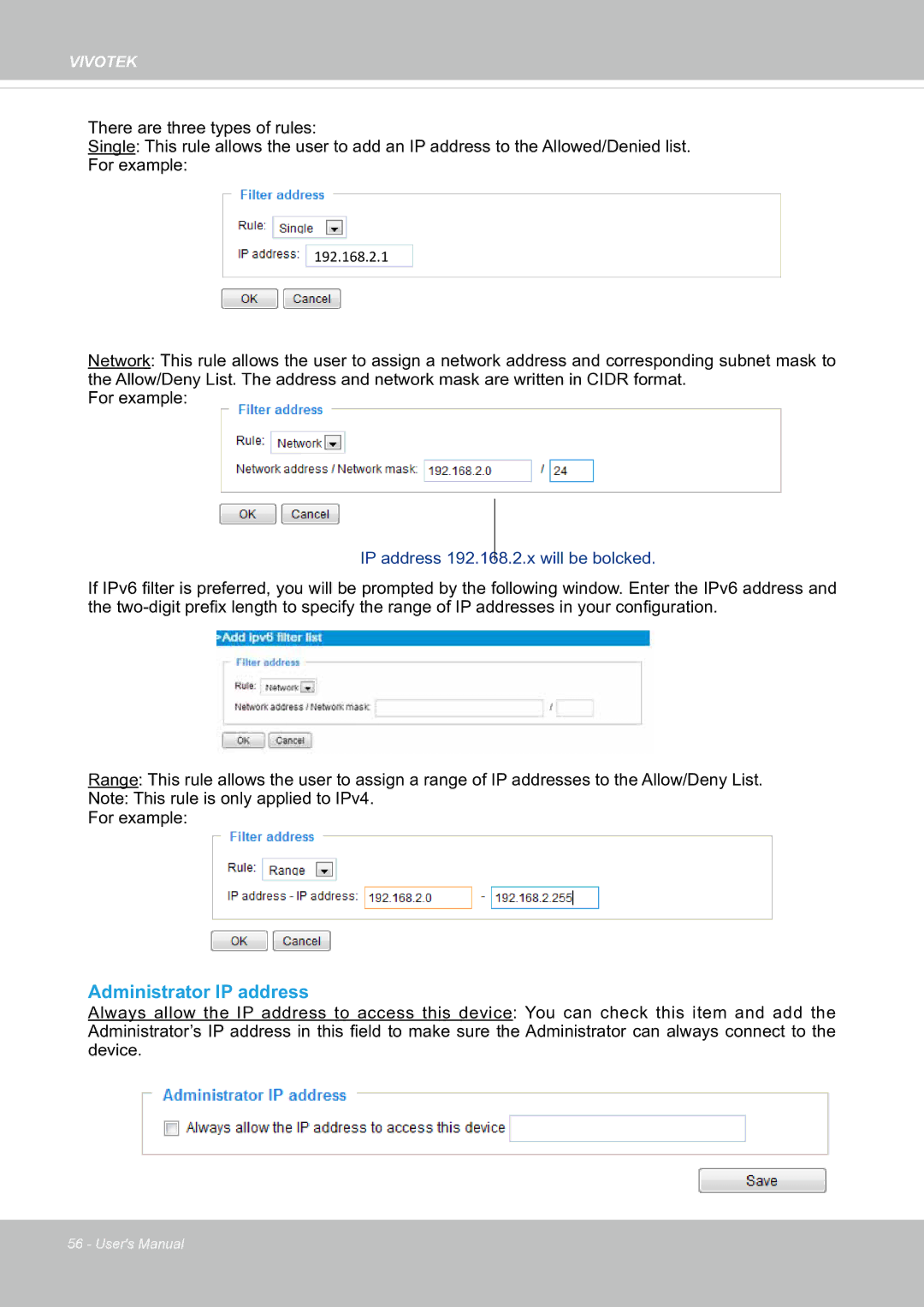 Vivotek fd8363 user manual Administrator IP address, IP address 192.168.2.x will be bolcked 