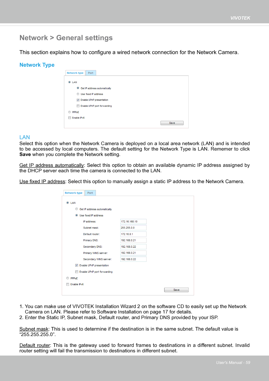 Vivotek fd8363 user manual Network General settings, Network Type 