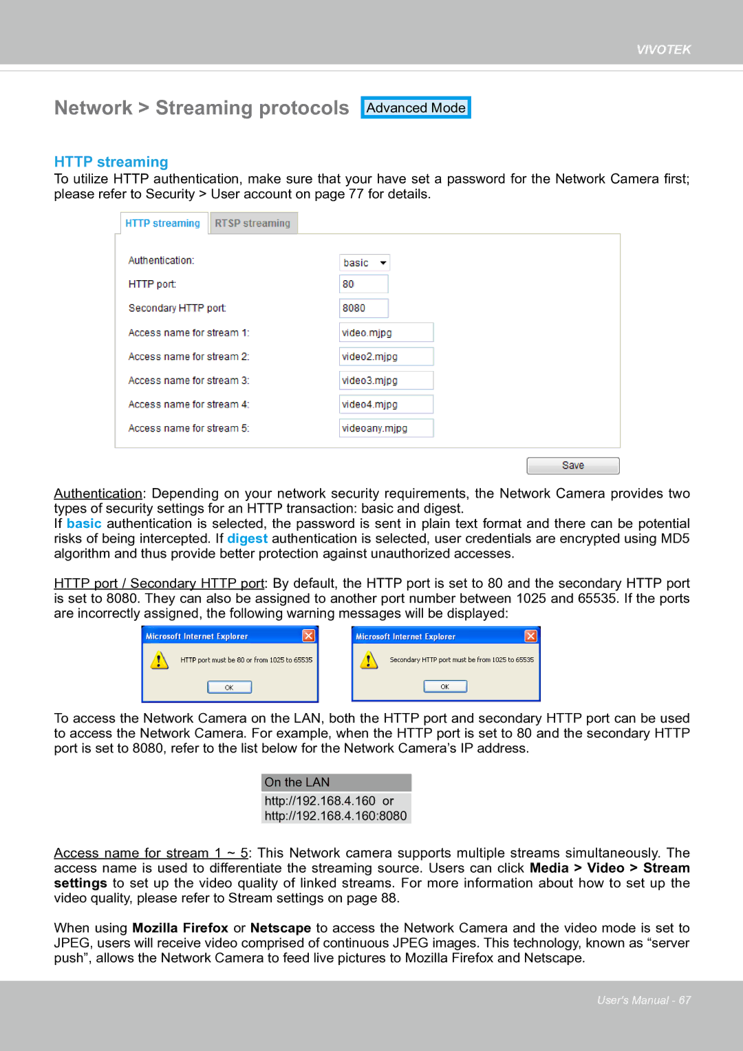 Vivotek fd8363 user manual Network Streaming protocols, Http streaming 