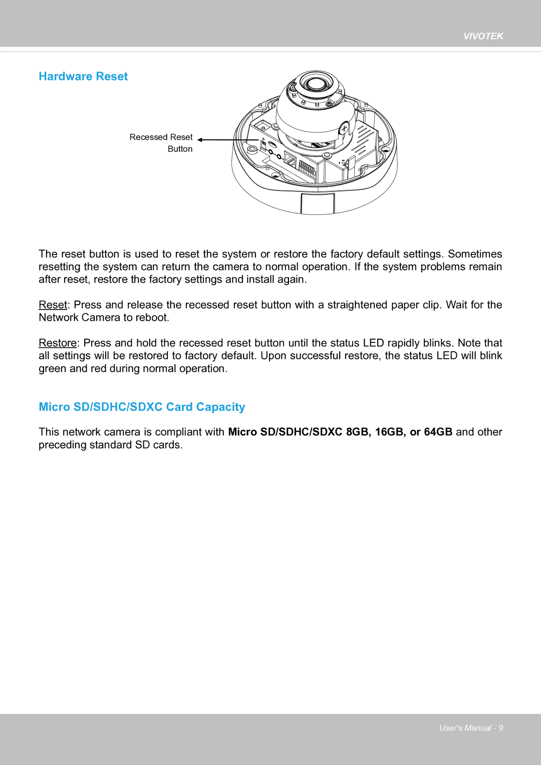 Vivotek fd8363 user manual Hardware Reset 