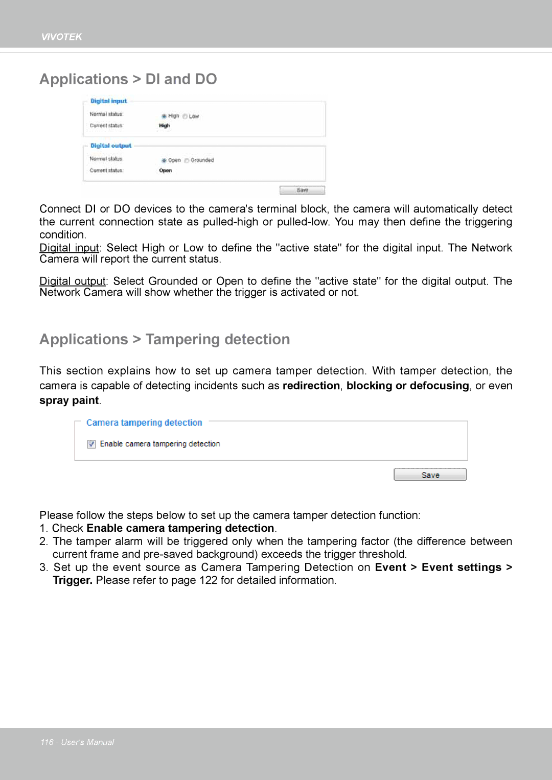 Vivotek FD8365EHV user manual Applications DI and do, Applications Tampering detection 