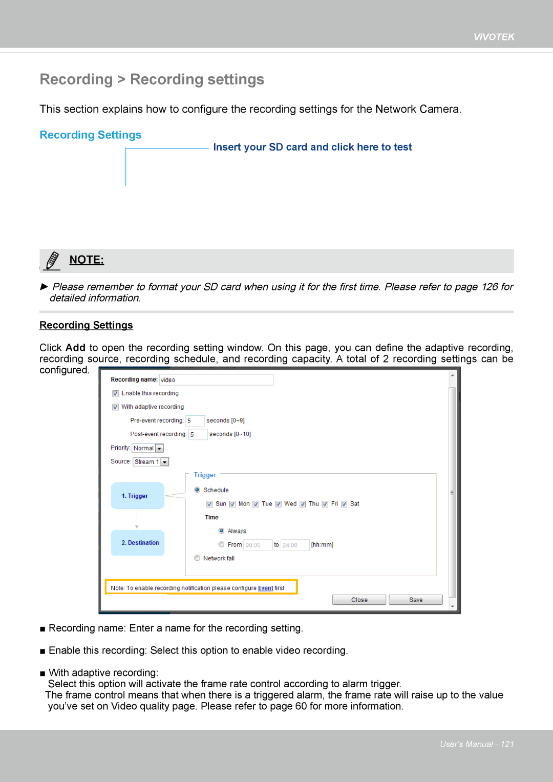 Vivotek FD8365EHV user manual Recording Recording settings, Recording Settings 