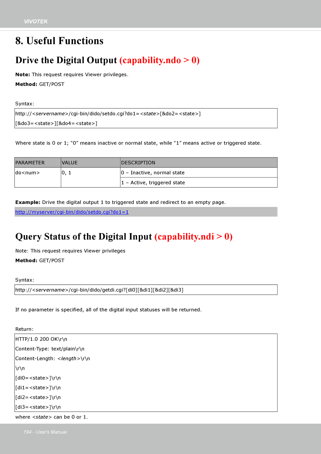 Vivotek FD8365EHV user manual Drive the Digital Output capability.ndo, Query Status of the Digital Input capability.ndi 