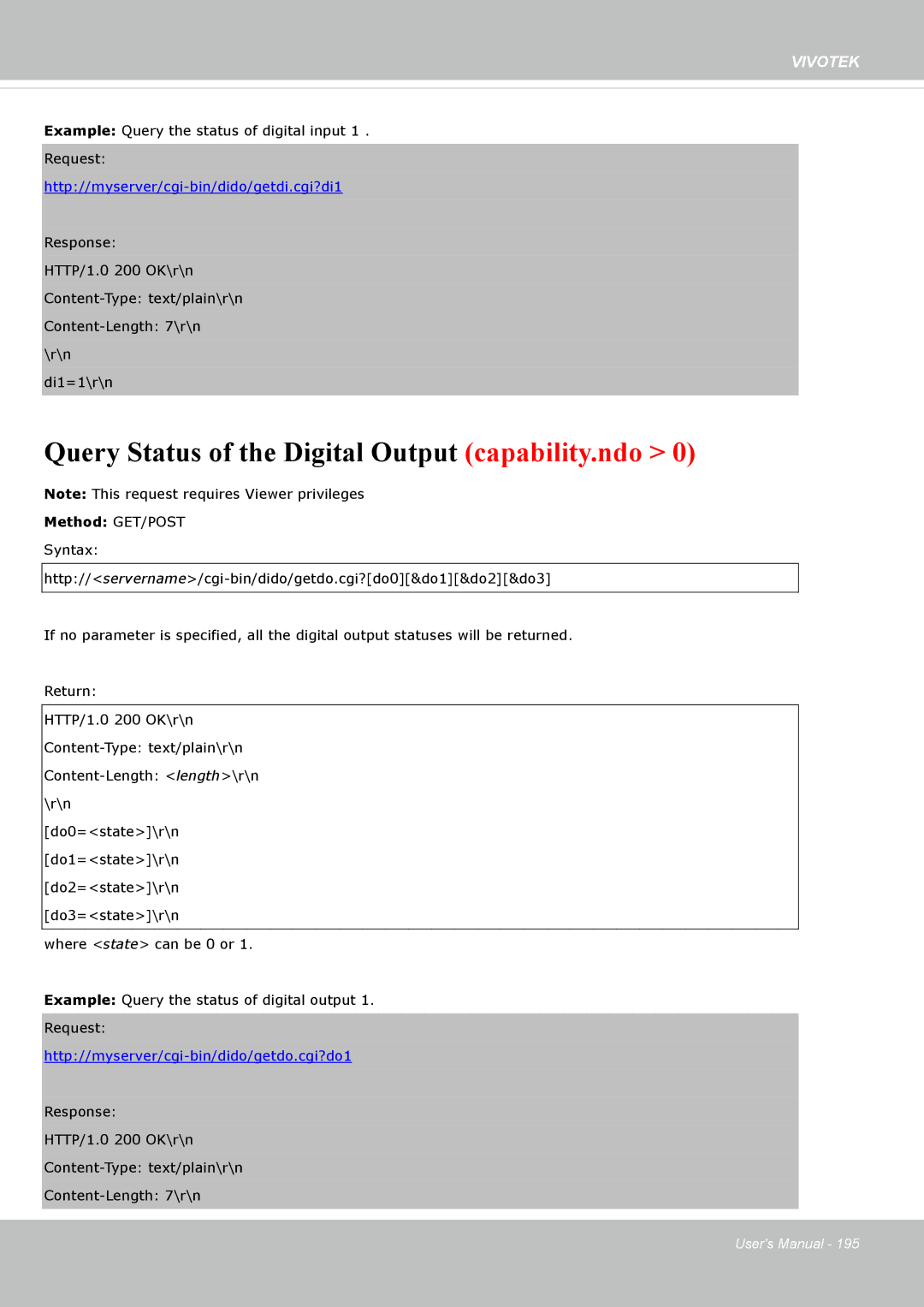 Vivotek FD8365EHV user manual Query Status of the Digital Output capability.ndo, Http//myserver/cgi-bin/dido/getdi.cgi?di1 