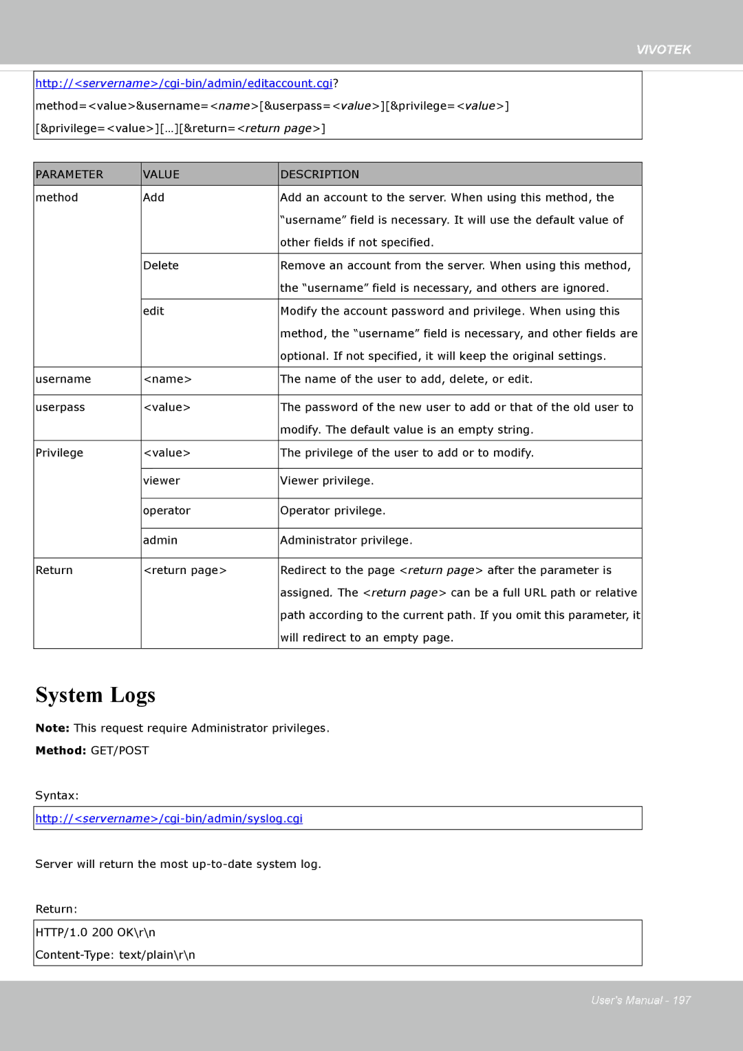 Vivotek FD8365EHV user manual System Logs, Http//servername/cgi-bin/admin/syslog.cgi 