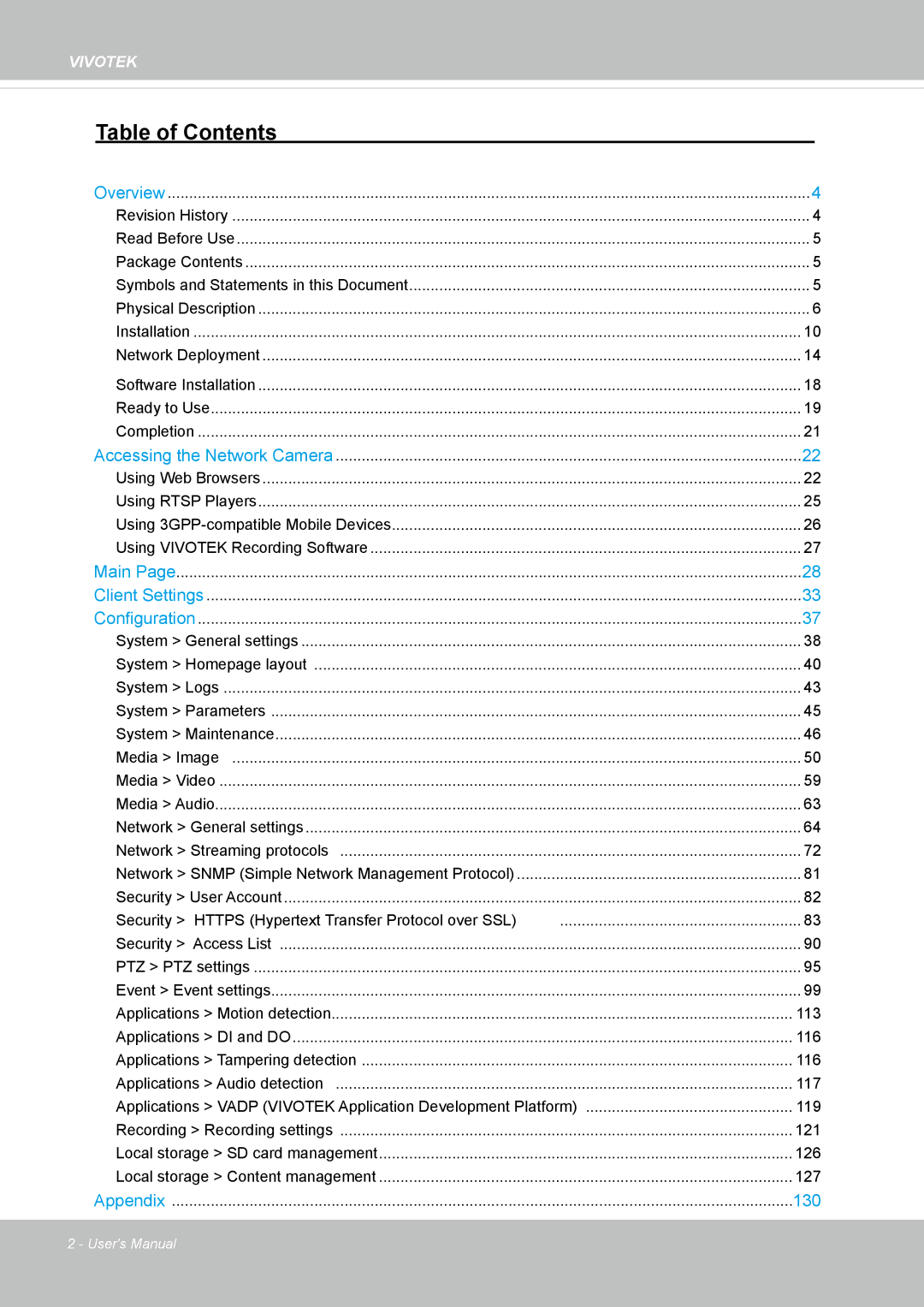 Vivotek FD8365EHV user manual Table of Contents 