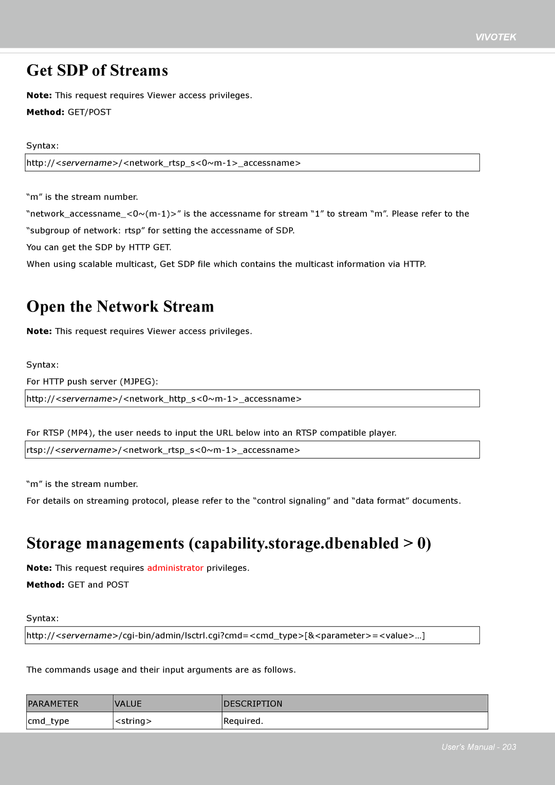 Vivotek FD8365EHV user manual Get SDP of Streams, Open the Network Stream, Storage managements capability.storage.dbenabled 