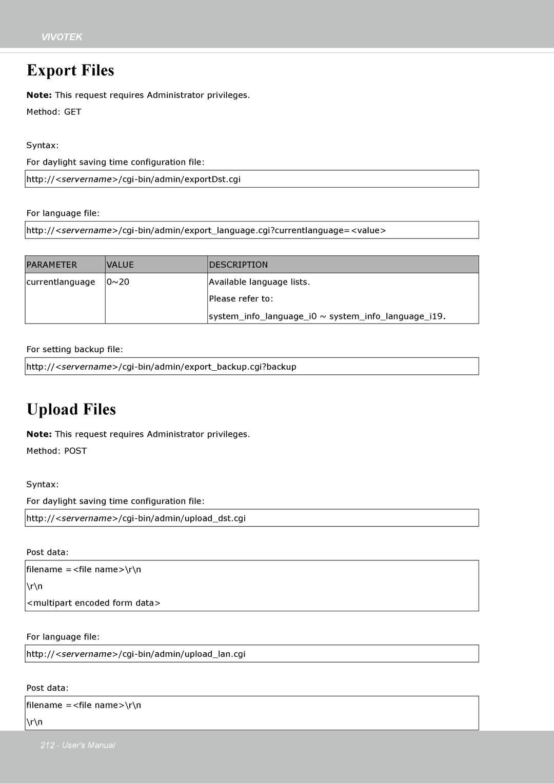 Vivotek FD8365EHV user manual Export Files, Upload Files 