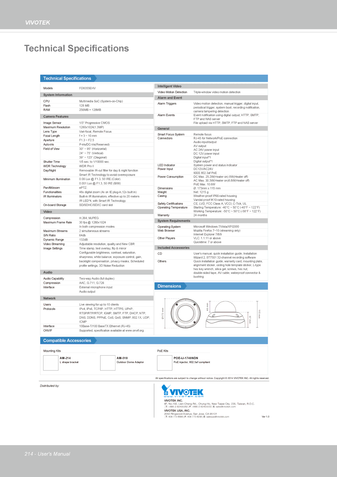 Vivotek FD8365EHV user manual Technical Specifications 