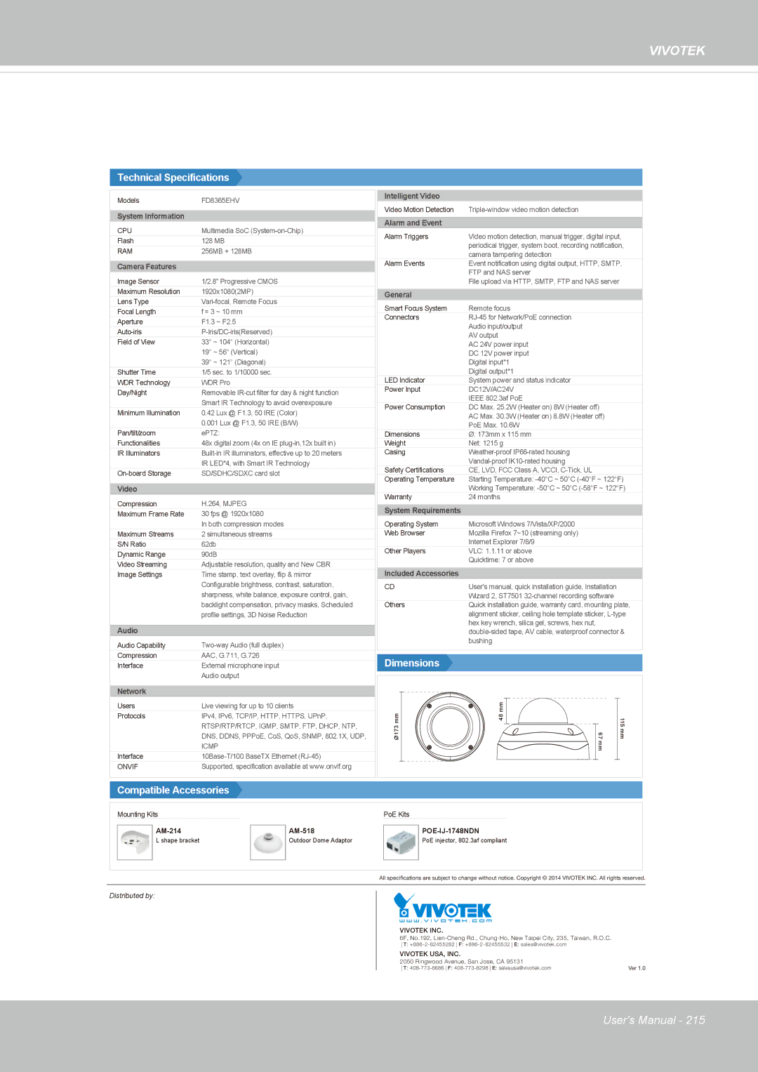 Vivotek FD8365EHV user manual Dimensions 