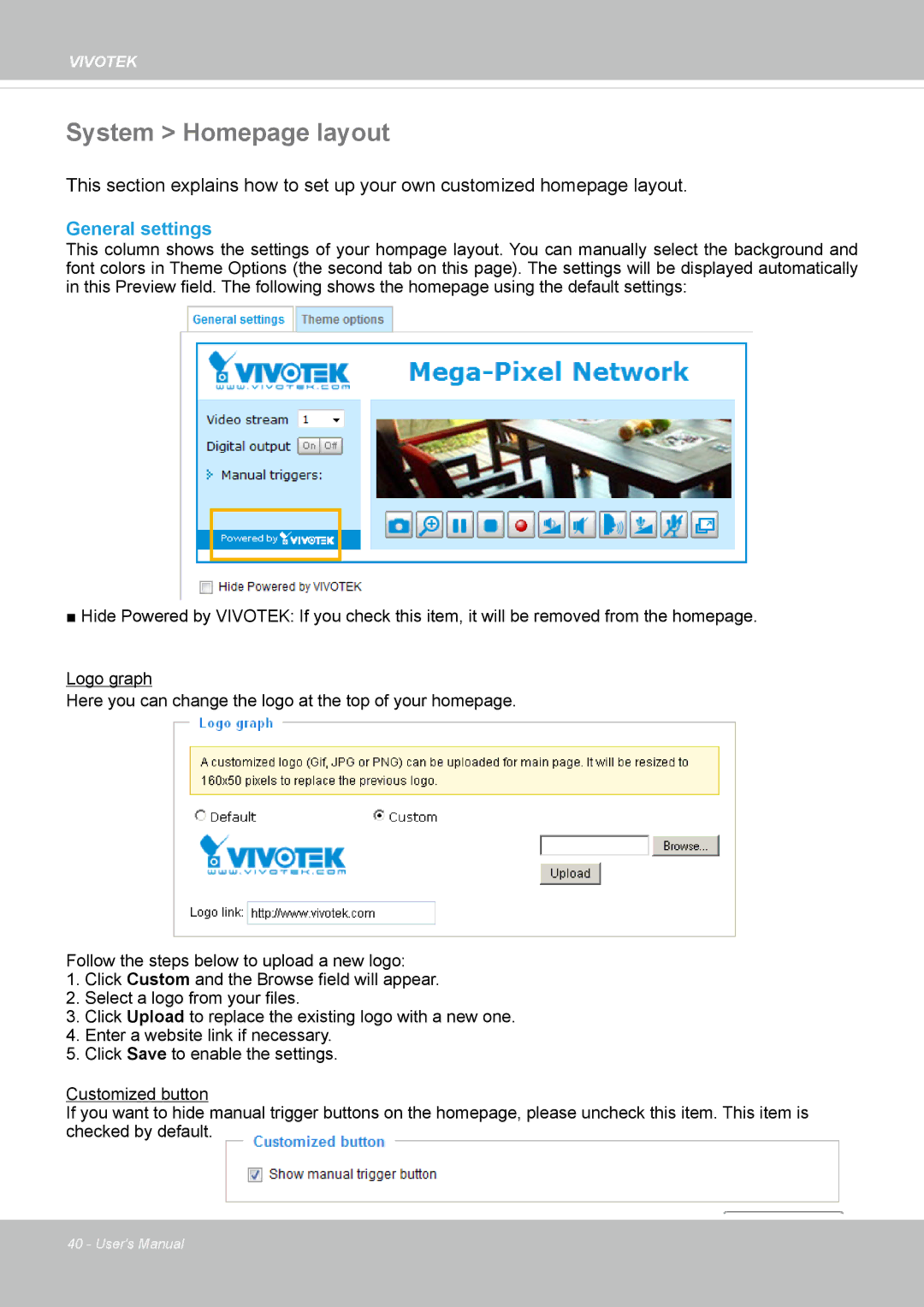 Vivotek FD8365EHV user manual System Homepage layout, General settings 