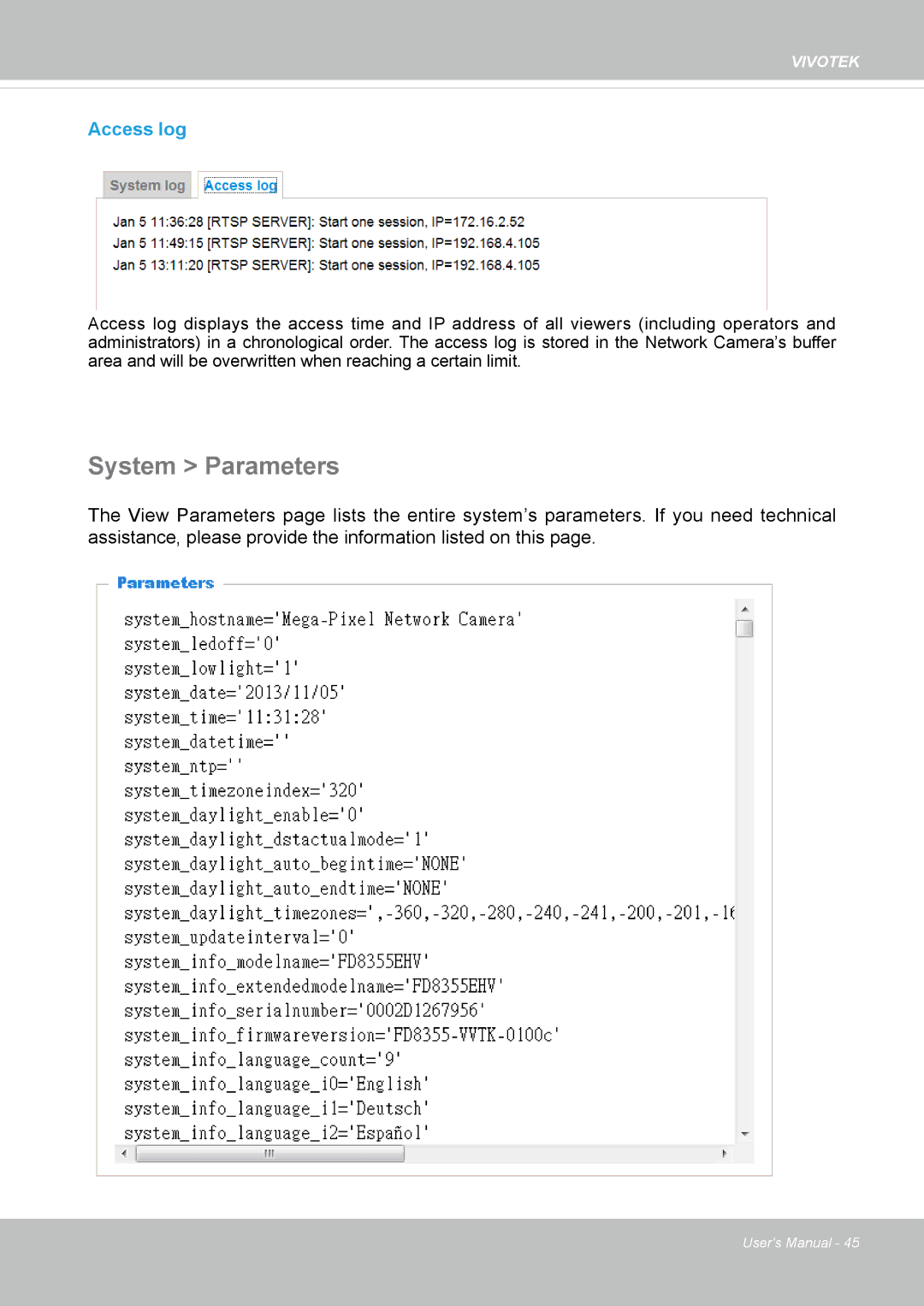 Vivotek FD8365EHV user manual System Parameters, Access log 