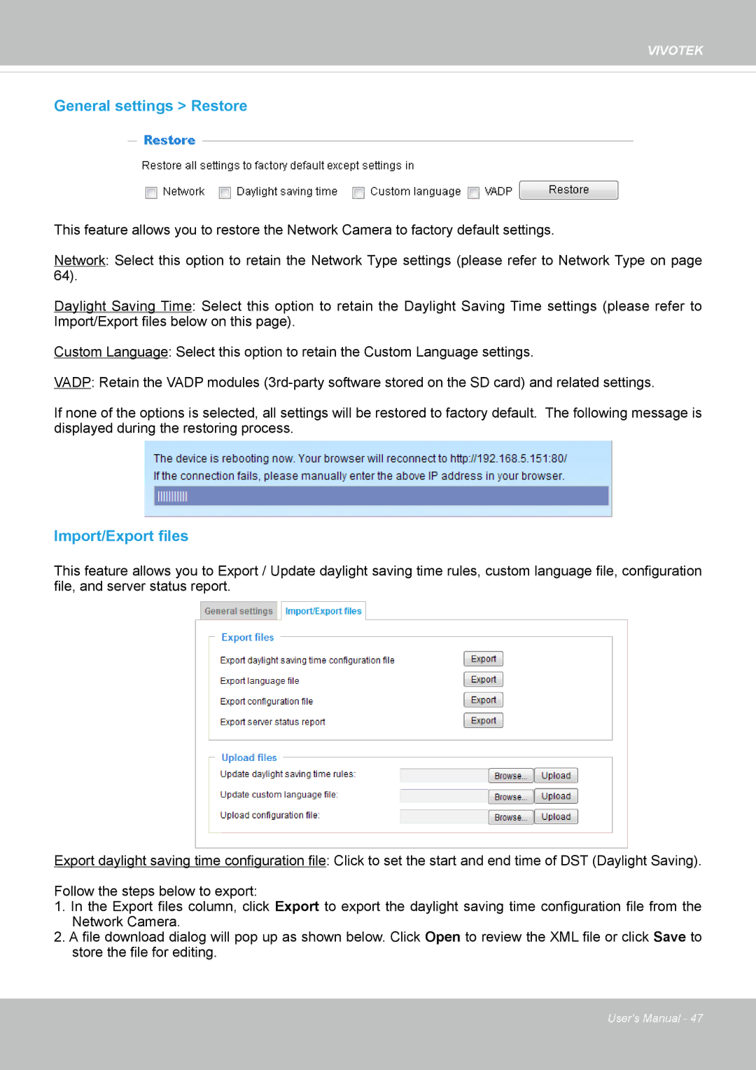 Vivotek FD8365EHV user manual General settings Restore, Import/Export files 