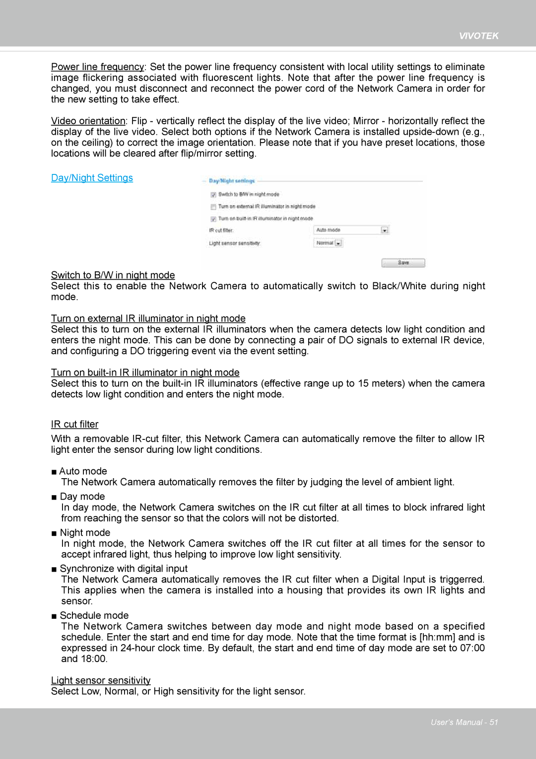 Vivotek FD8365EHV user manual Day/Night Settings 