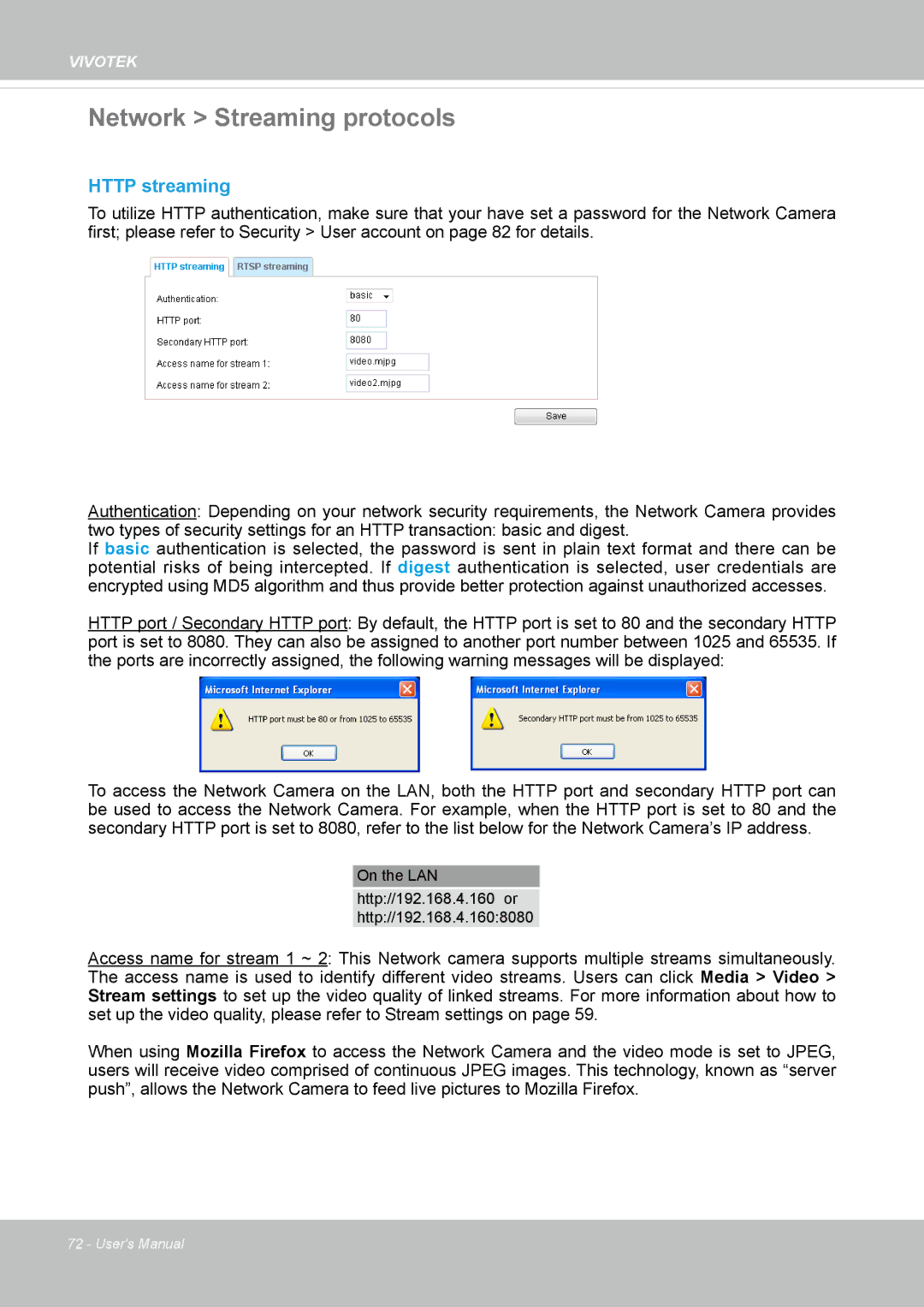 Vivotek FD8365EHV user manual Network Streaming protocols, Http streaming 