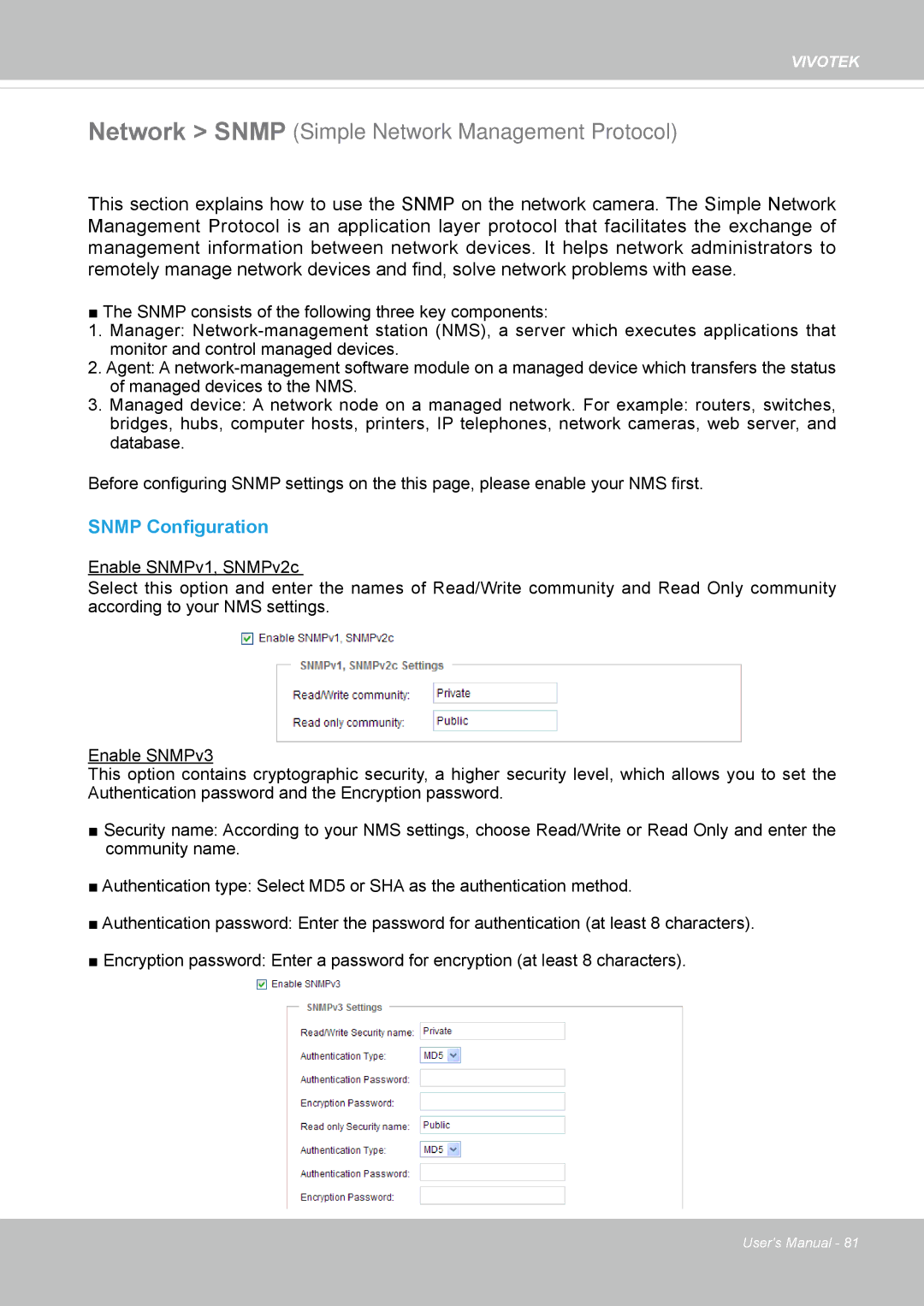 Vivotek FD8365EHV user manual Network Snmp Simple Network Management Protocol, Snmp Configuration 