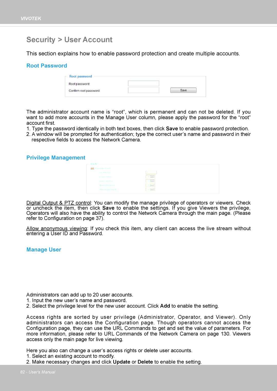 Vivotek FD8365EHV user manual Security User Account, Root Password, Privilege Management, Manage User 