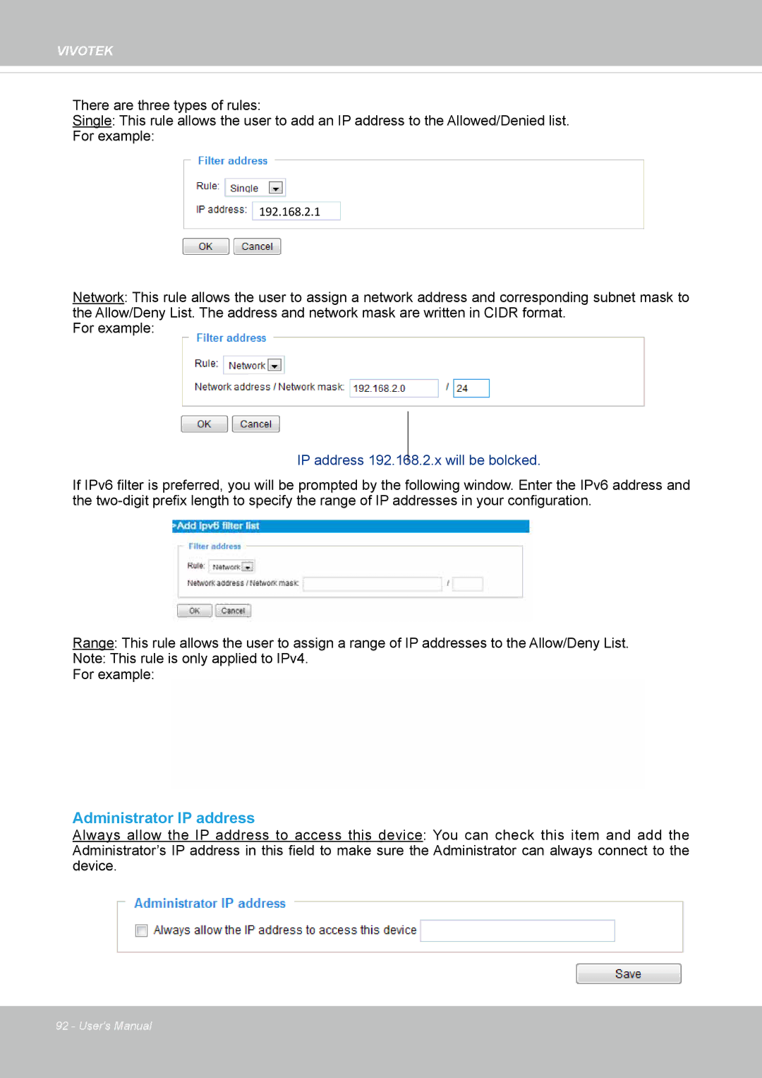 Vivotek FD8365EHV user manual Administrator IP address, IP address 192.168.2.x will be bolcked 