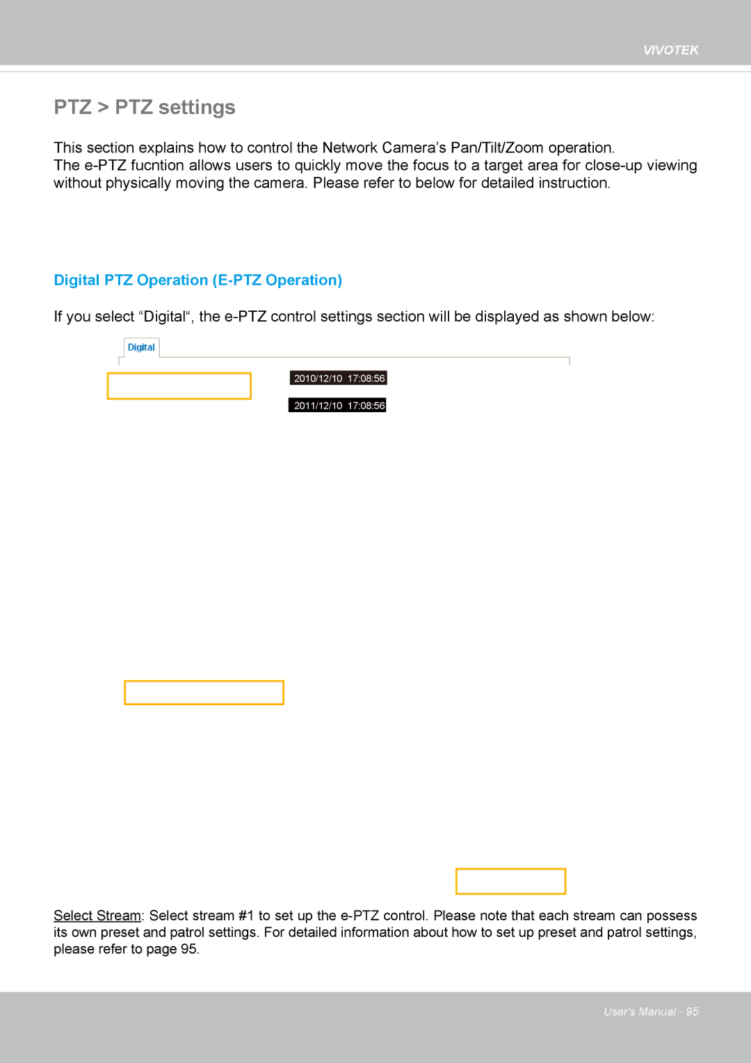 Vivotek FD8365EHV user manual PTZ PTZ settings, Digital PTZ Operation E-PTZ Operation 