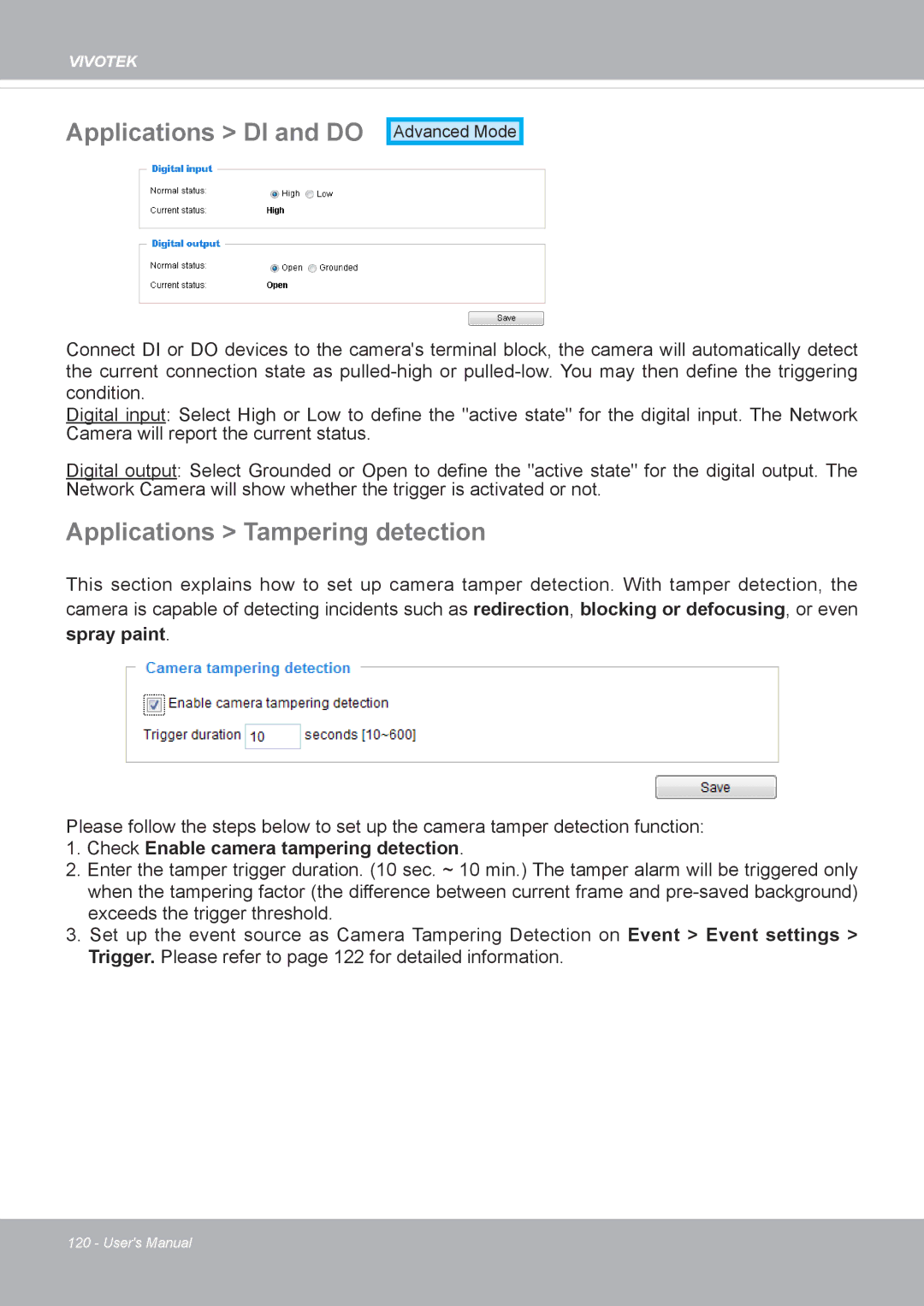 Vivotek FD8371EV user manual Applications DI and do, Applications Tampering detection 