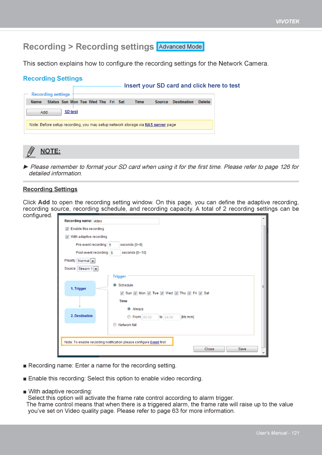 Vivotek FD8371EV user manual Recording Recording settings, Recording Settings 