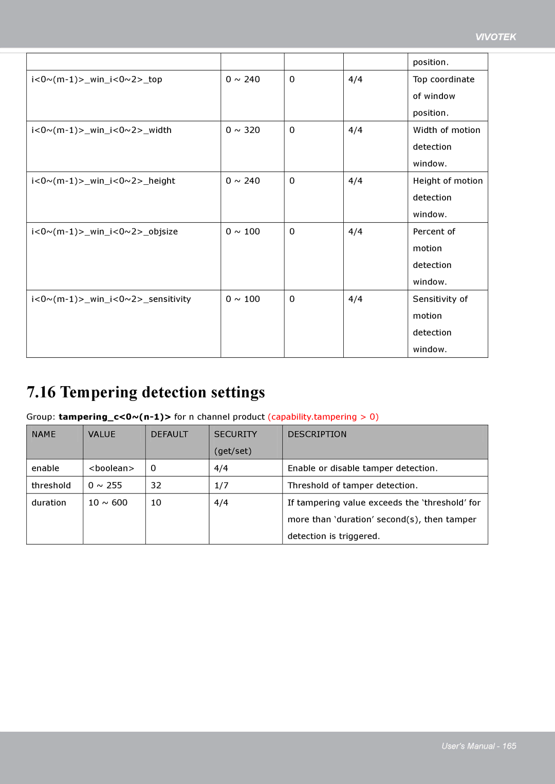 Vivotek FD8371EV user manual Tempering detection settings 