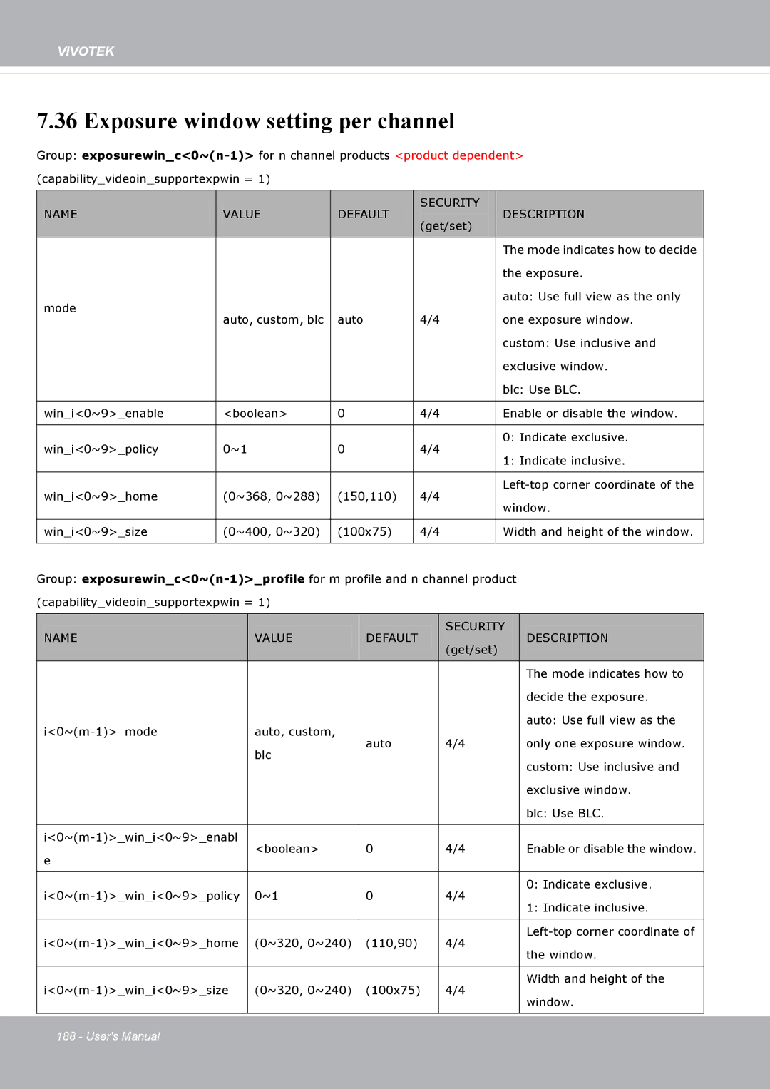 Vivotek FD8371EV user manual Security Name Value Default Description 