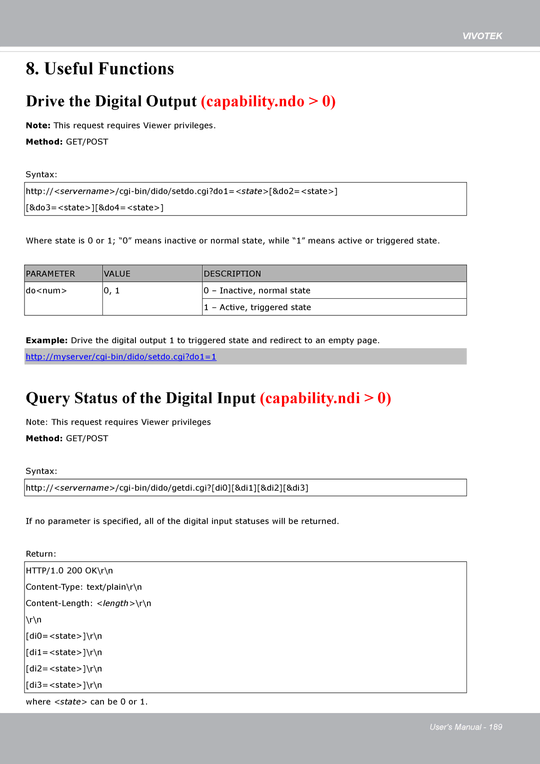 Vivotek FD8371EV user manual Drive the Digital Output capability.ndo, Query Status of the Digital Input capability.ndi 