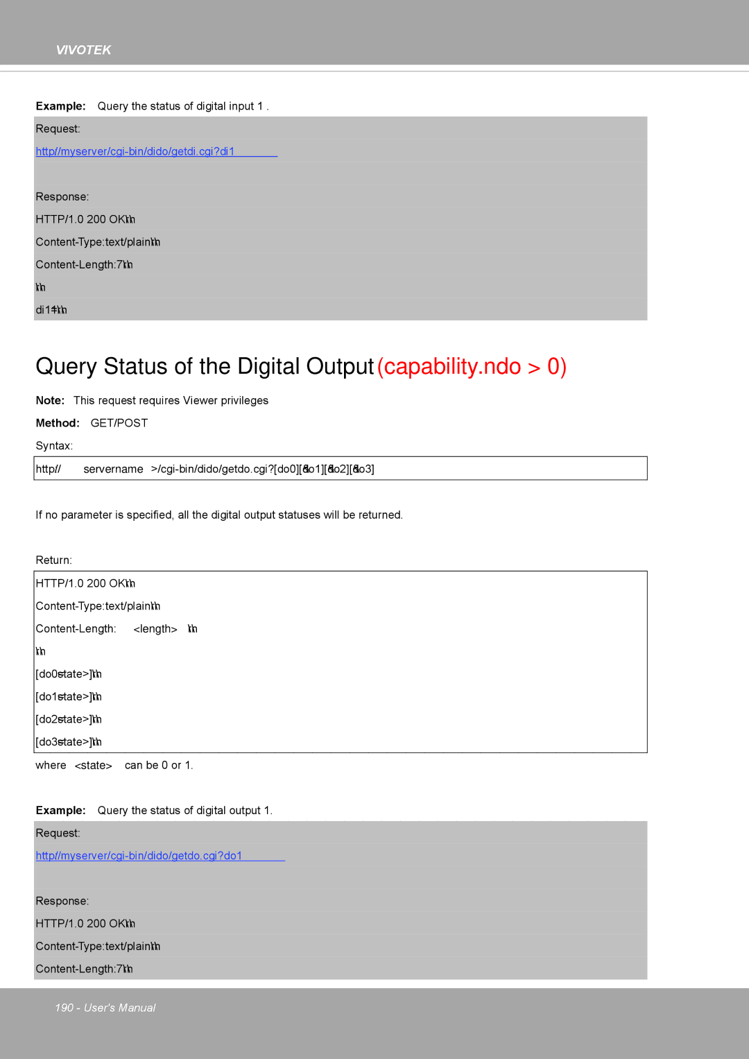 Vivotek FD8371EV user manual Query Status of the Digital Output capability.ndo, Http//myserver/cgi-bin/dido/getdi.cgi?di1 