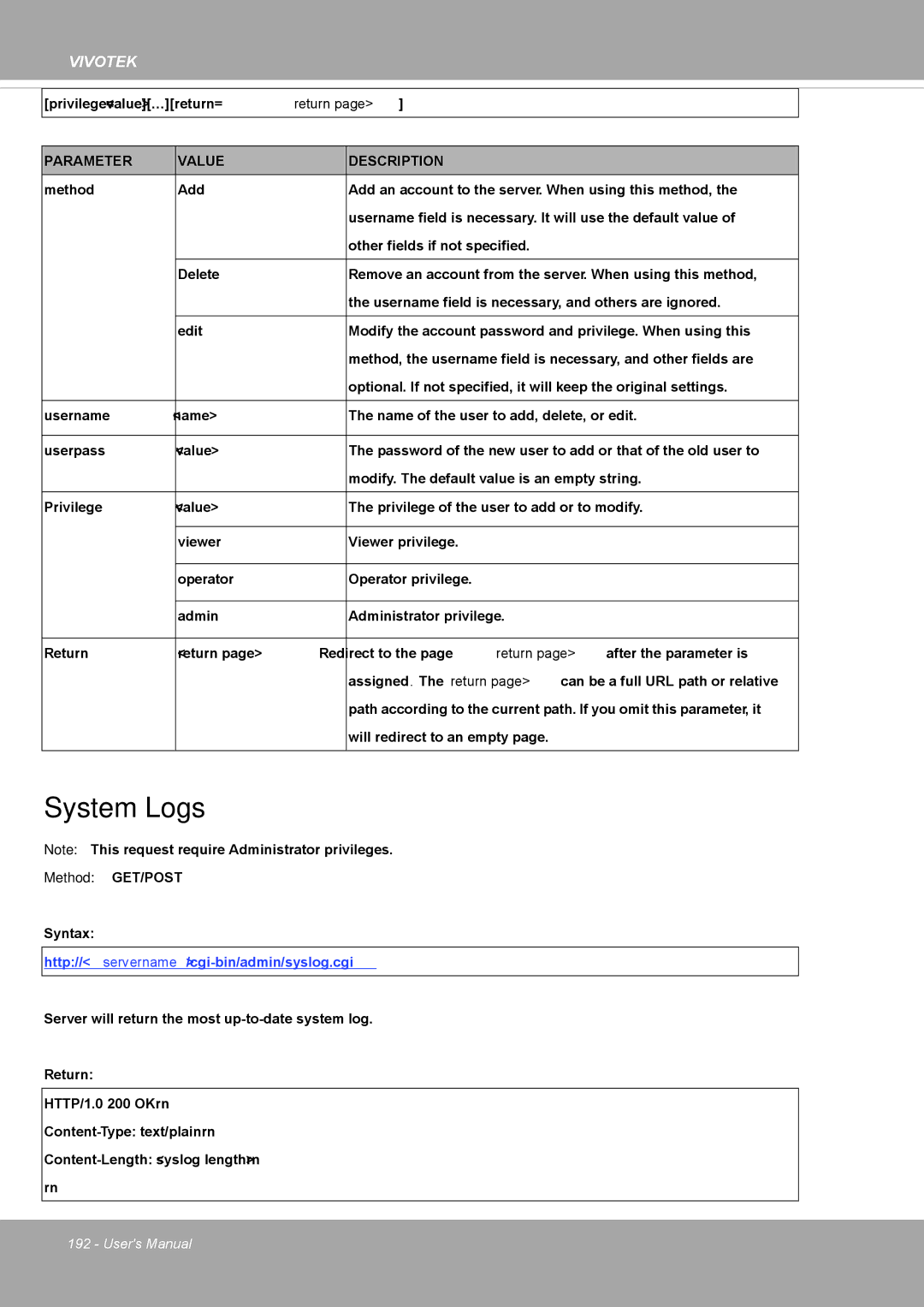 Vivotek FD8371EV user manual System Logs, Http//servername/cgi-bin/admin/syslog.cgi 