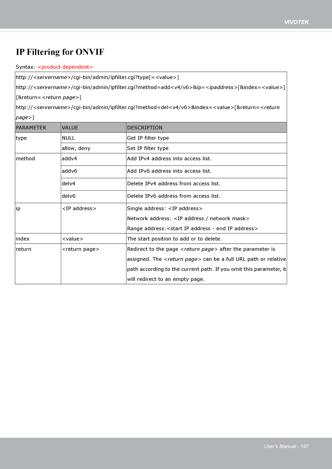 Vivotek FD8371EV user manual IP Filtering for Onvif 