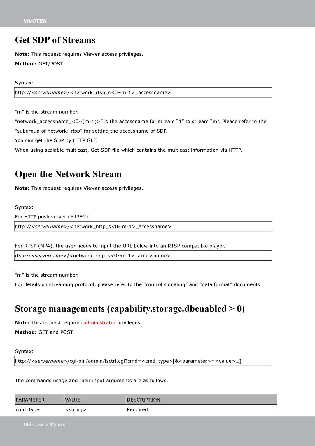 Vivotek FD8371EV user manual Get SDP of Streams, Open the Network Stream, Storage managements capability.storage.dbenabled 