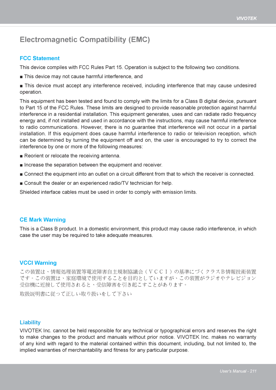 Vivotek FD8371EV user manual Electromagnetic Compatibility EMC, Liability 