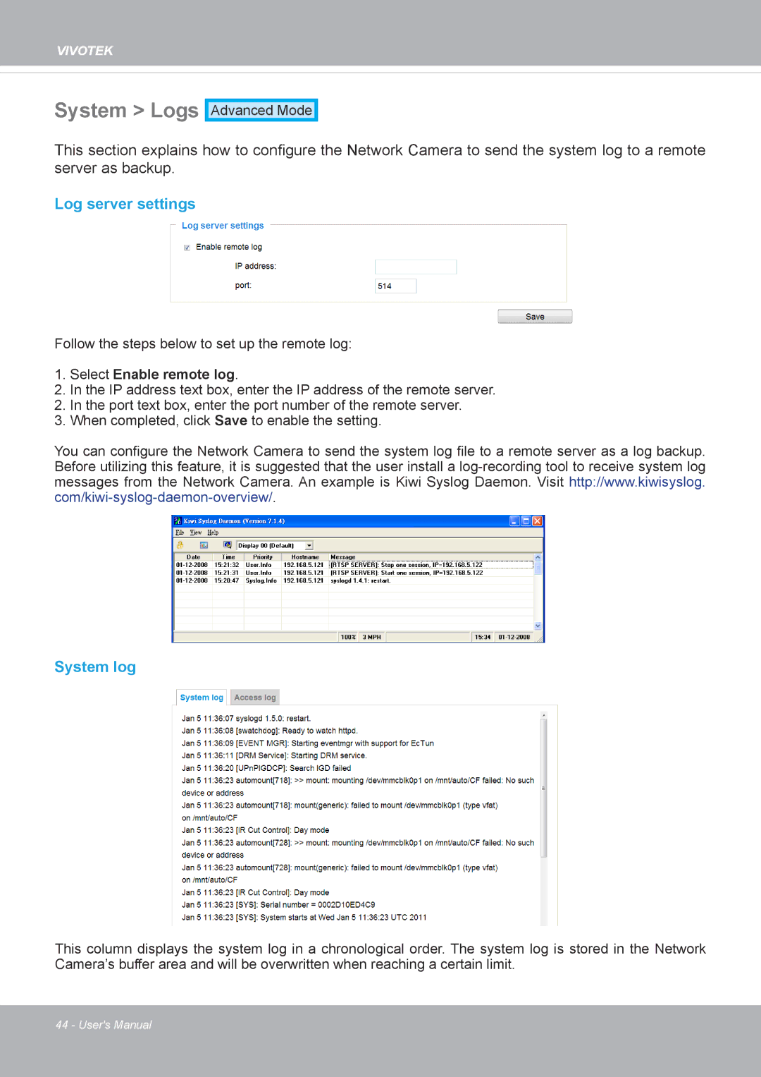 Vivotek FD8371EV user manual System Logs, Log server settings, System log 