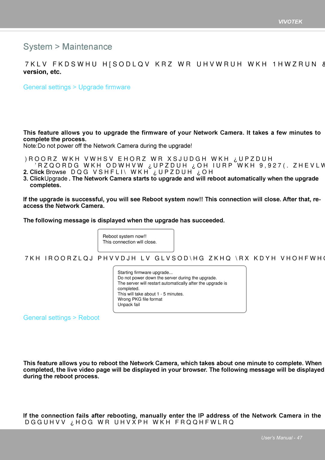 Vivotek FD8371EV user manual System Maintenance, General settings Upgrade firmware, General settings Reboot 