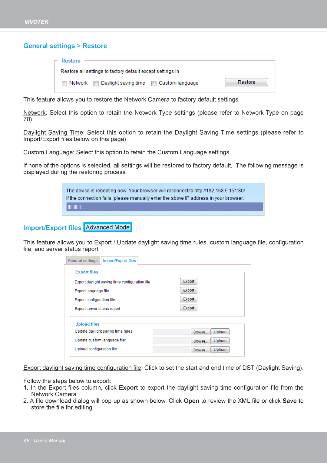 Vivotek FD8371EV user manual General settings Restore, Import/Export files 