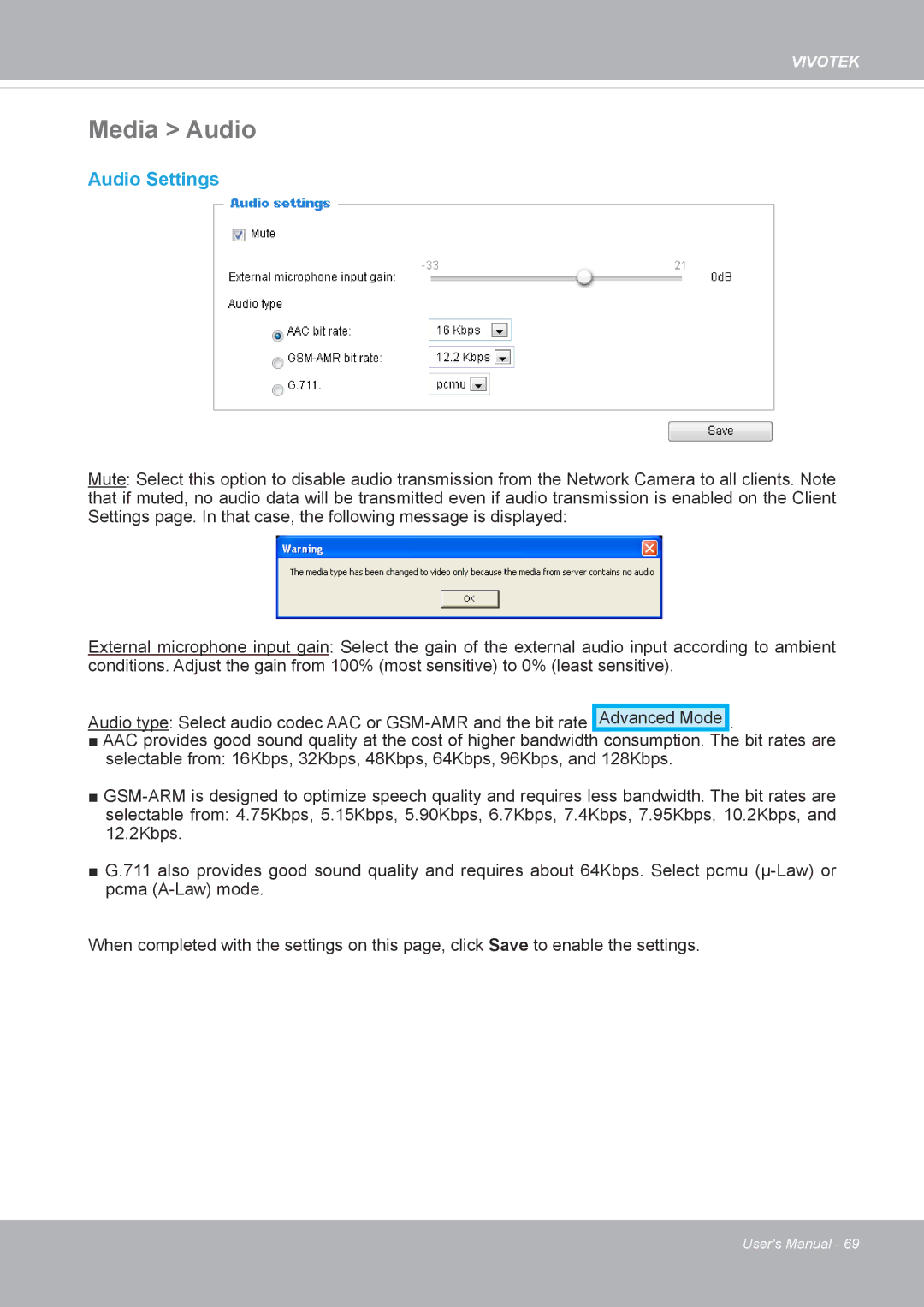 Vivotek FD8371EV user manual Media Audio, Audio Settings 